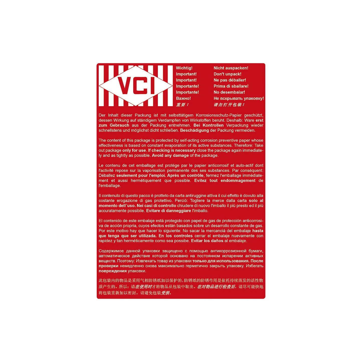VCI warning labels, multilingual, pack of 100 on a roll, LxW 160 x 115 mm.