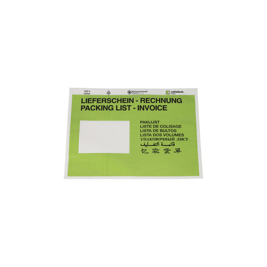 Document pouches made of paper, Packing list / Invoice imprint, pack of 1000, LxW 240 x 175 mm, green.