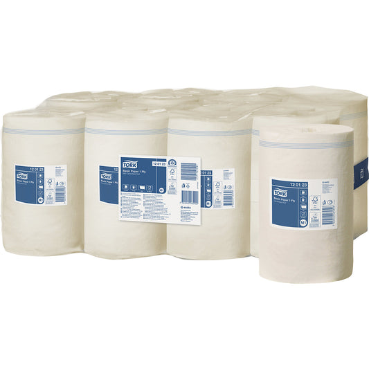 Standard centrefeed paper wipes, 1-ply, white, pack of 11 rolls, universal quality, unperforated.