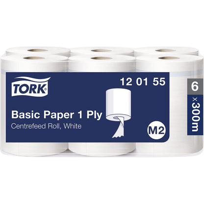 Standard centrefeed paper wipes, 1-ply, white, pack of 6 rolls, universal quality, unperforated.