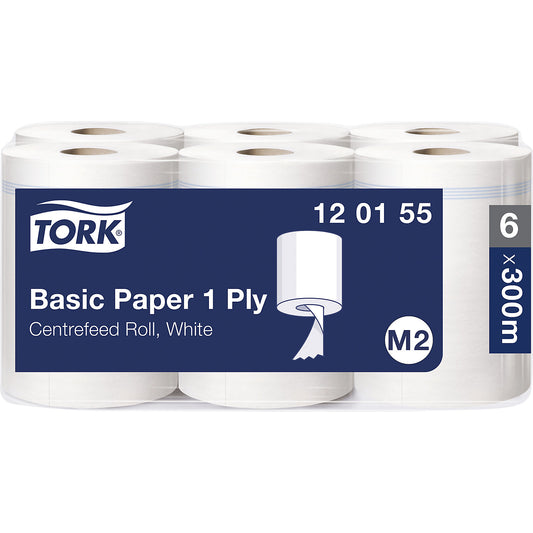 Standard centrefeed paper wipes, 1-ply, white, pack of 6 rolls, universal quality, unperforated.