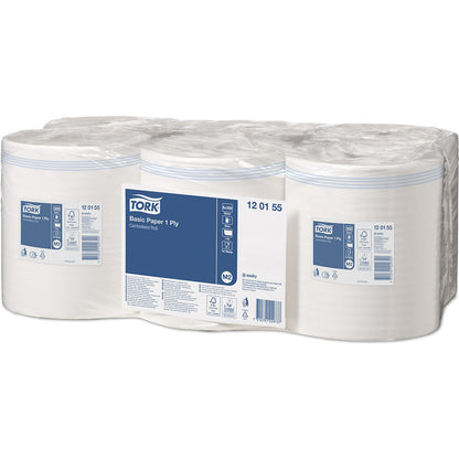 Standard centrefeed paper wipes, 1-ply, white, pack of 6 rolls, universal quality, unperforated.