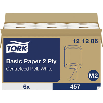 Standard centrefeed paper wipes, 2-ply, white, pack of 6 rolls, universal quality, perforated.