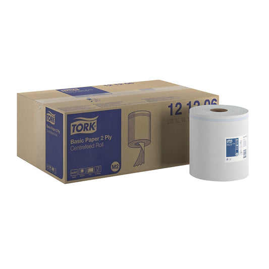 Standard centrefeed paper wipes, 2-ply, white, pack of 6 rolls, universal quality, perforated.