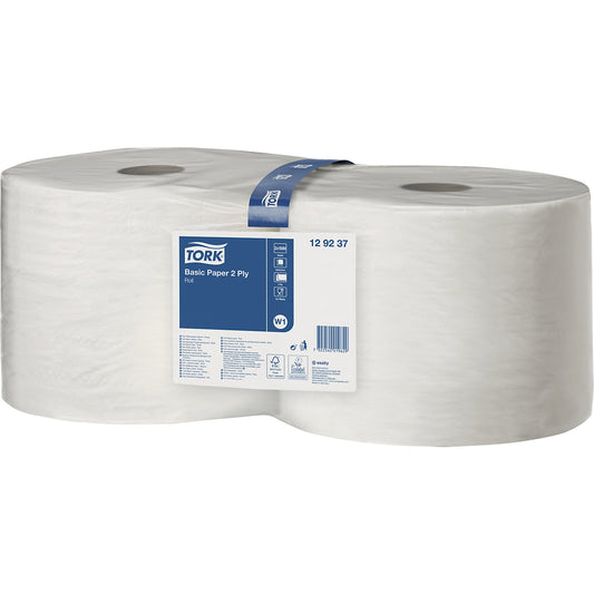 Paper wipes, standard, tissue, 2-ply, white, pack of 2 rolls, 1500 sheets/roll.