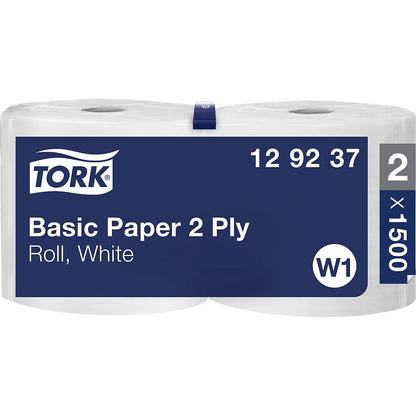 Paper wipes, standard, tissue, 2-ply, white, pack of 2 rolls, 1500 sheets/roll.