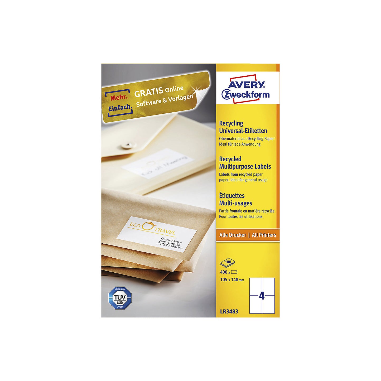 Recycled universal labels, white, pack of 100, LxW 105 x 148 mm.