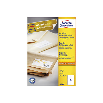 Recycled universal labels, white, pack of 100, LxW 105 x 148 mm.