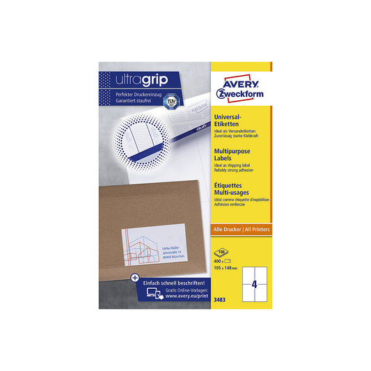 Universal labels, permanent, white, LxW 105 x 148 mm, 100 sheets.