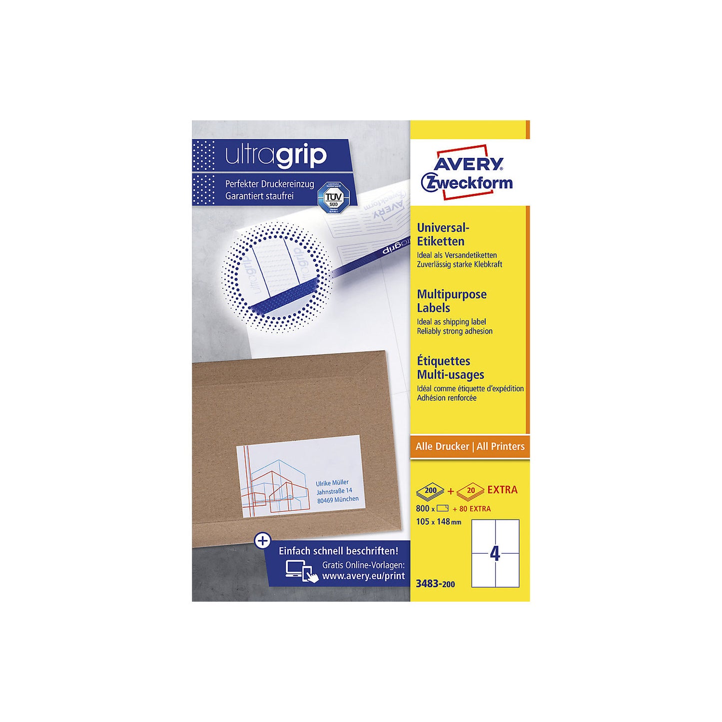 Universal labels, permanent, white, LxW 105 x 148 mm, 200 sheets.