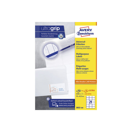 Universal labels, permanent, white, LxW 70 x 42.3 mm, 200 sheets.