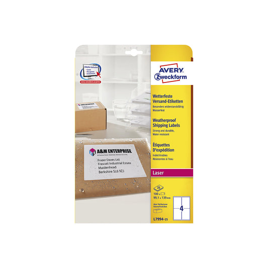 Weatherproof shipping labels, tear proof, LxW 99.1 x 139 mm, pack of 100 labels.