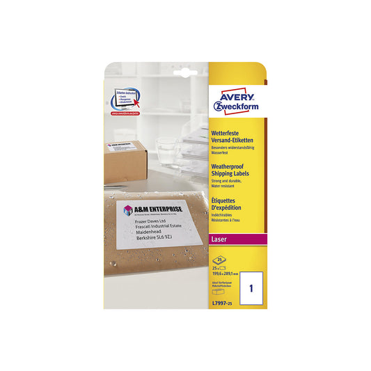 Weatherproof shipping labels, tear proof, LxW 199.6 x 289.1 mm, pack of 25 labels.