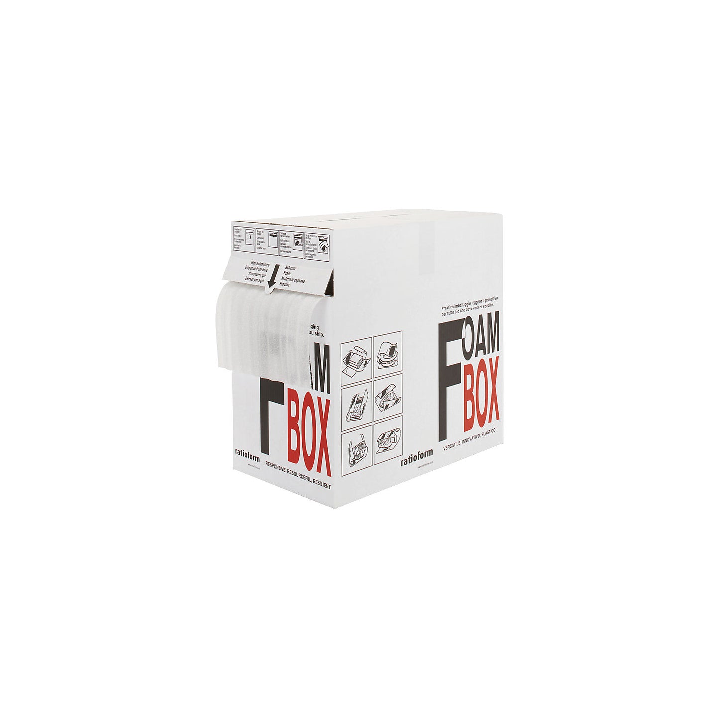 Foam film in a dispenser box, perforated every 30 cm crosswise, roll width 285 mm, roll length 80 m, thickness 2 mm.