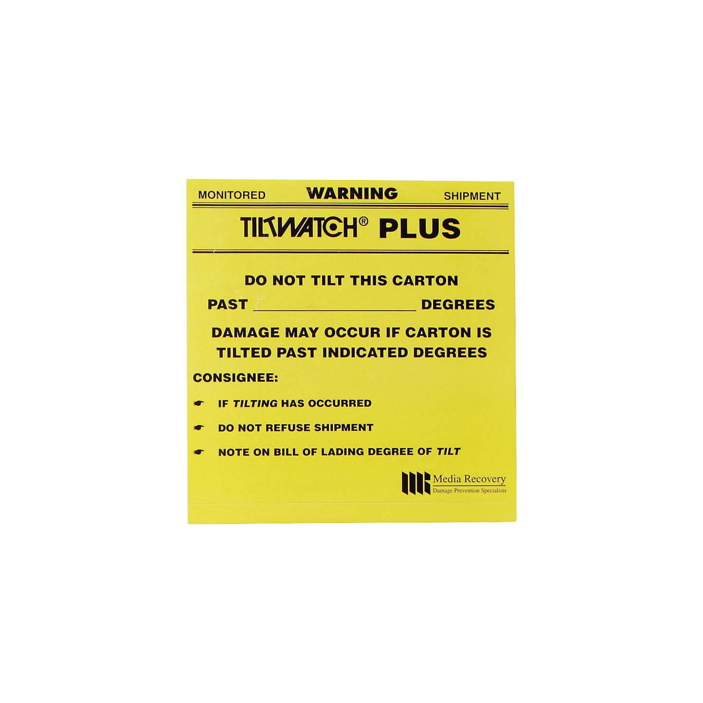 Tiltwatch® Plus tilt indicators, incl. warning label, pack of 25, 118 x 118 x 6 mm.