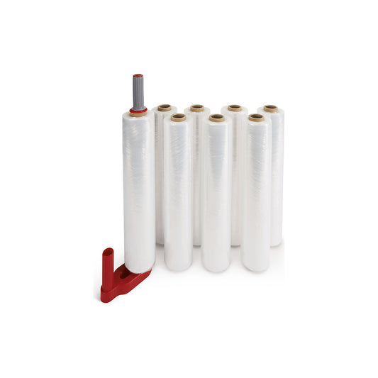 Flexi stretch film, pack of 8, LxW 300 m x 500 mm, with handle set, material thickness 17 µm.