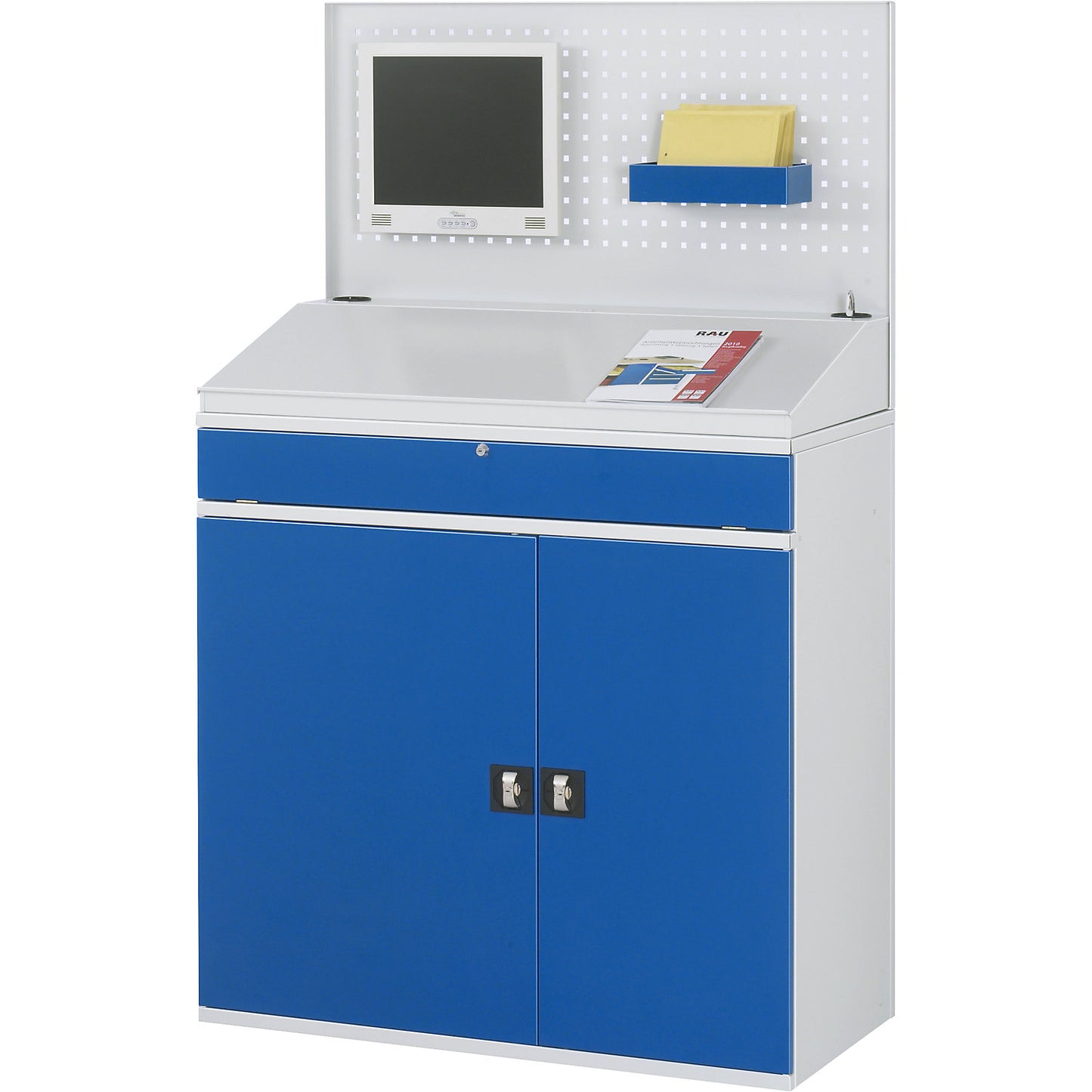 Computer workstation, perforated panel, desktop, pull-out shelf, drawer, width 1100 mm, light grey / gentian blue.