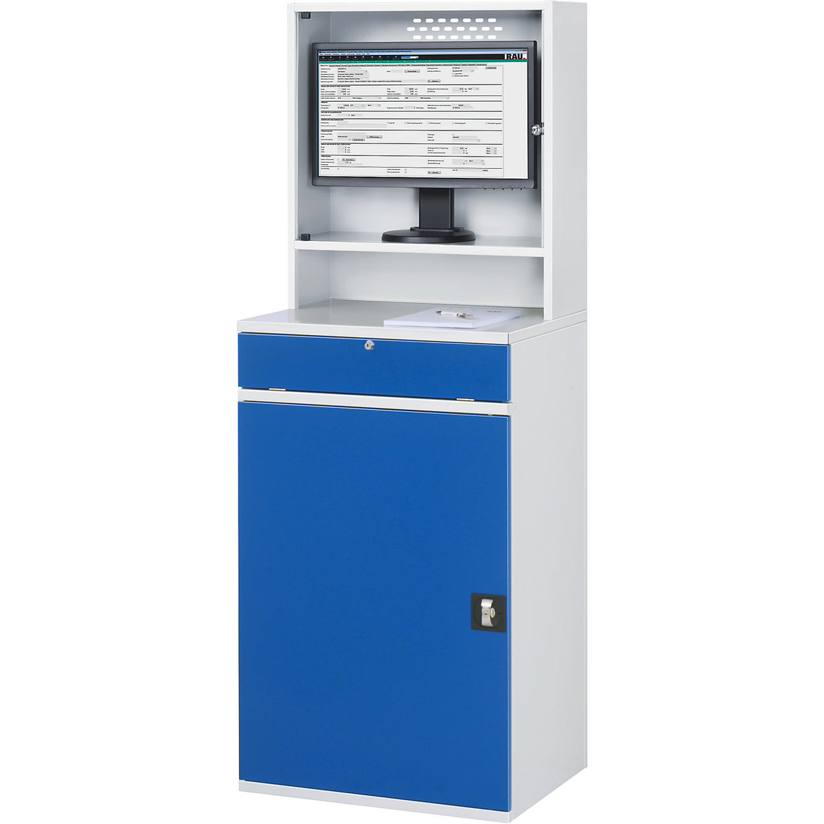 Computer workstation, monitor housing, 1 pull-out shelf, width 650 mm, light grey / gentian blue.