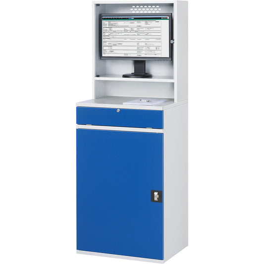 Computer workstation, monitor housing, 1 pull-out shelf, width 650 mm, light grey / gentian blue.