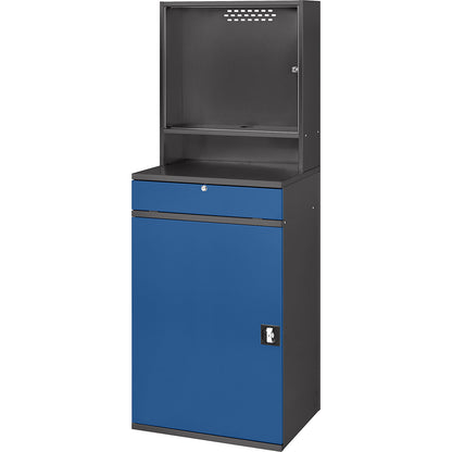 Computer workstation, monitor housing, 1 pull-out shelf, 2 drawers, width 650 mm, charcoal / gentian blue.