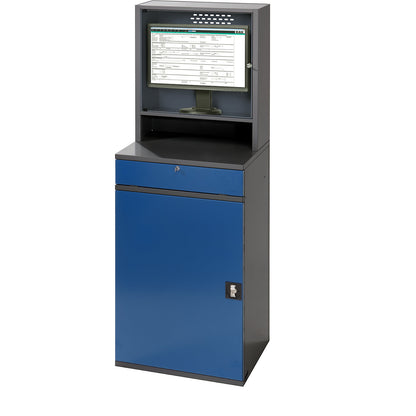 Computer workstation, monitor housing, 1 pull-out shelf, 2 drawers, width 650 mm, charcoal / gentian blue.