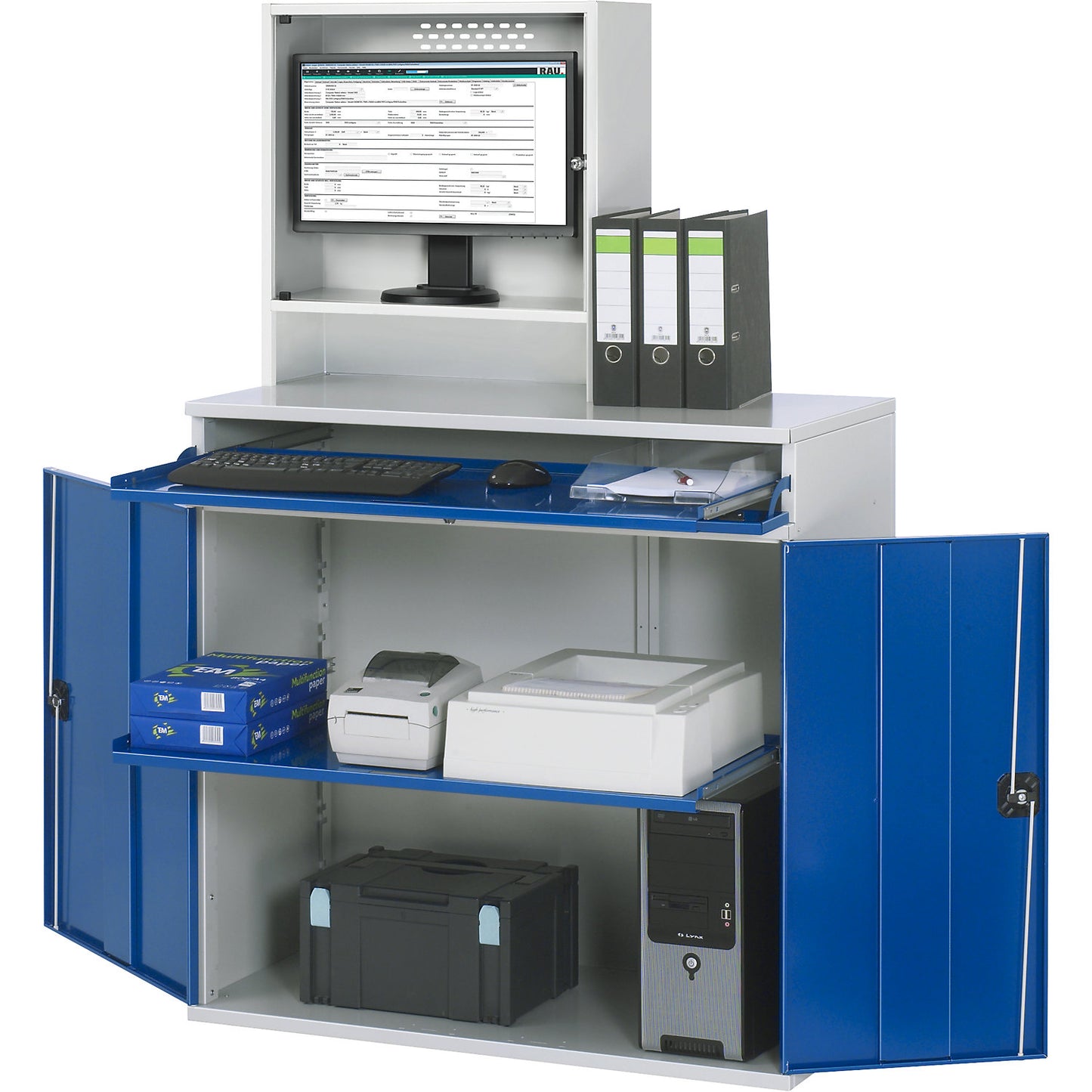 Computer workstation, monitor housing, 1 pull-out shelf, width 1100 mm, light grey / gentian blue.