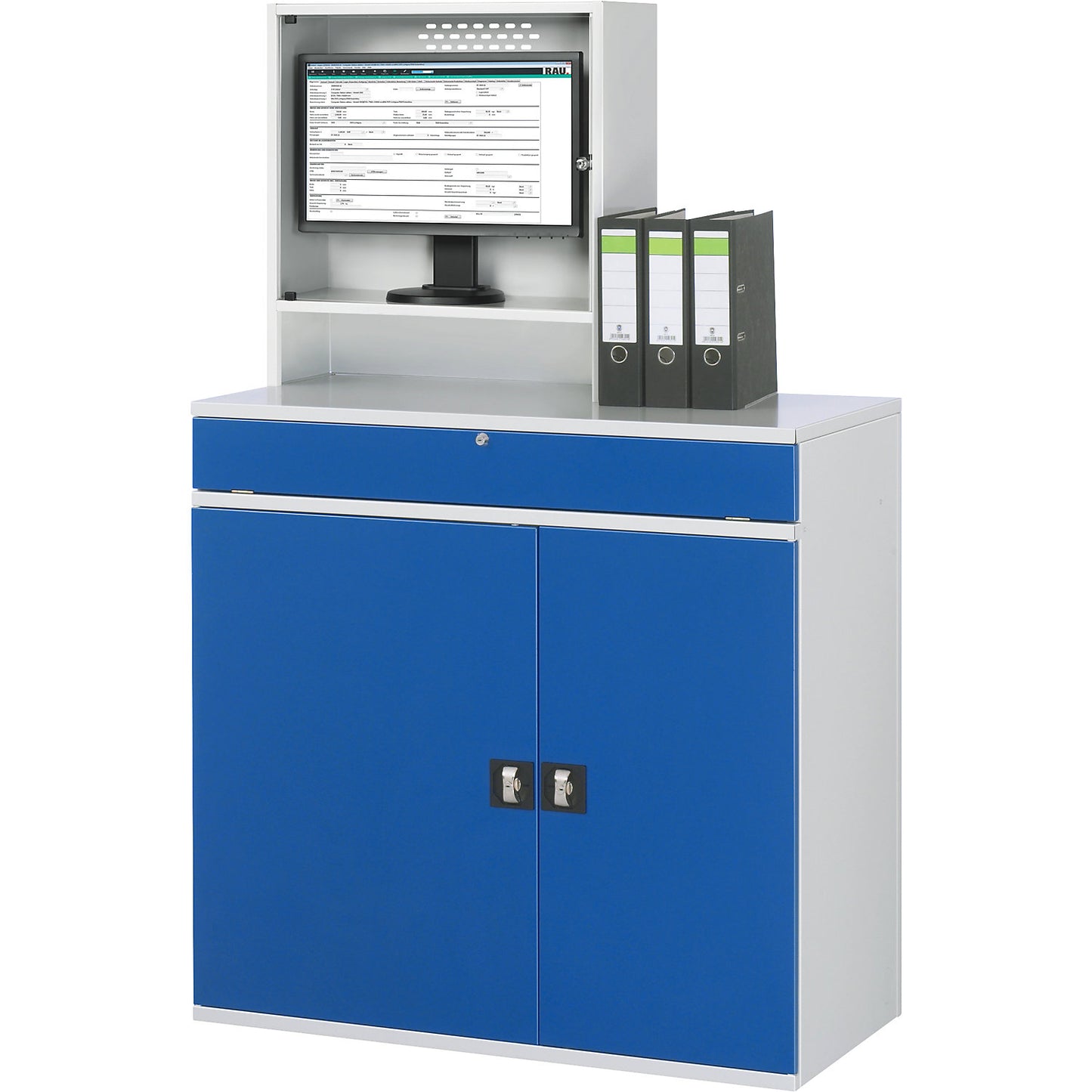 Computer workstation, monitor housing, 1 pull-out shelf, width 1100 mm, light grey / gentian blue.