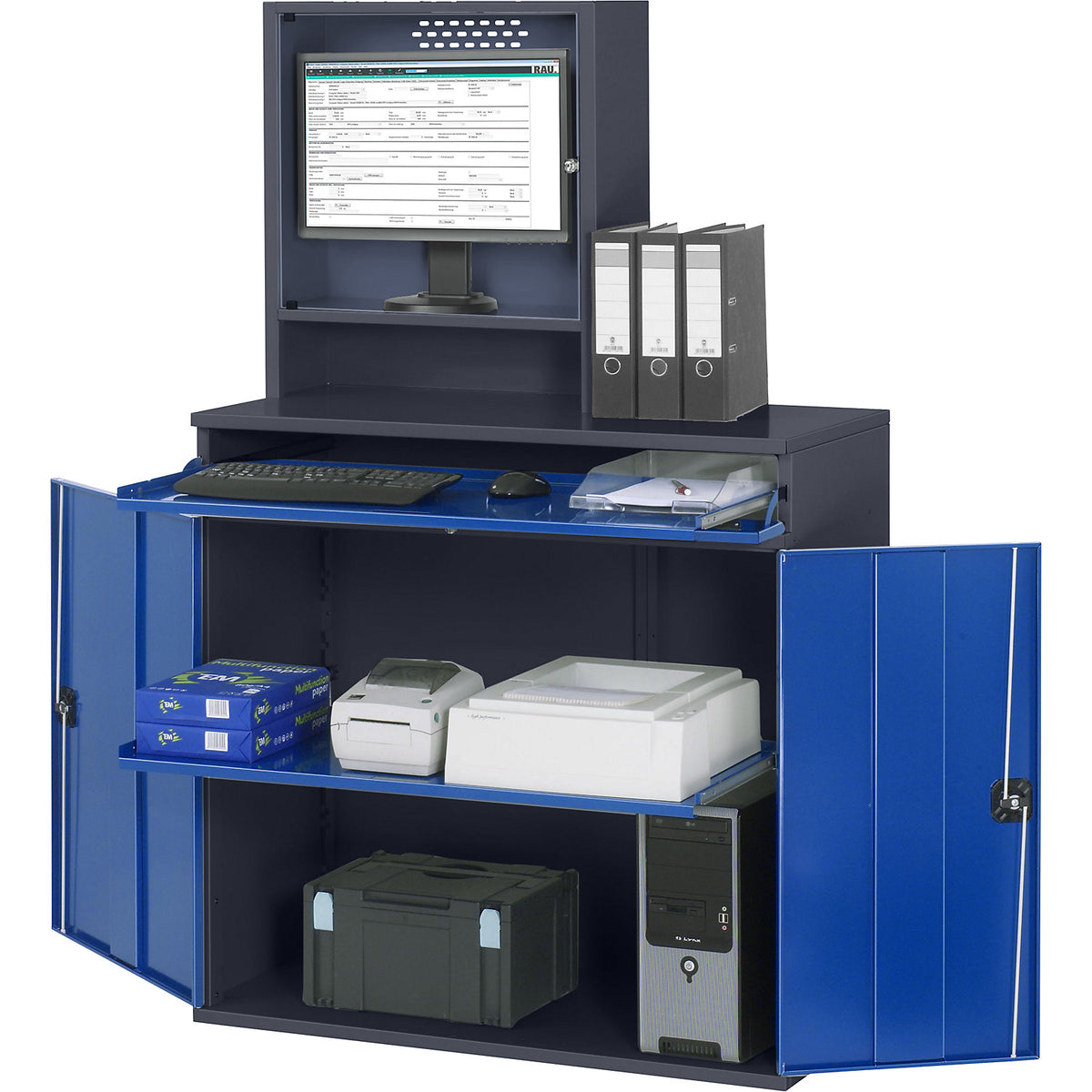 Computer workstation, monitor housing, 1 pull-out shelf, width 1100 mm, charcoal / gentian blue.