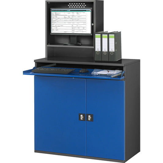 Computer workstation, monitor housing, 1 pull-out shelf, width 1100 mm, charcoal / gentian blue.