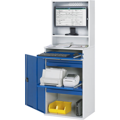 Computer workstation, monitor housing, 1 pull-out shelf, 2 drawers, width 650 mm, light grey / gentian blue.