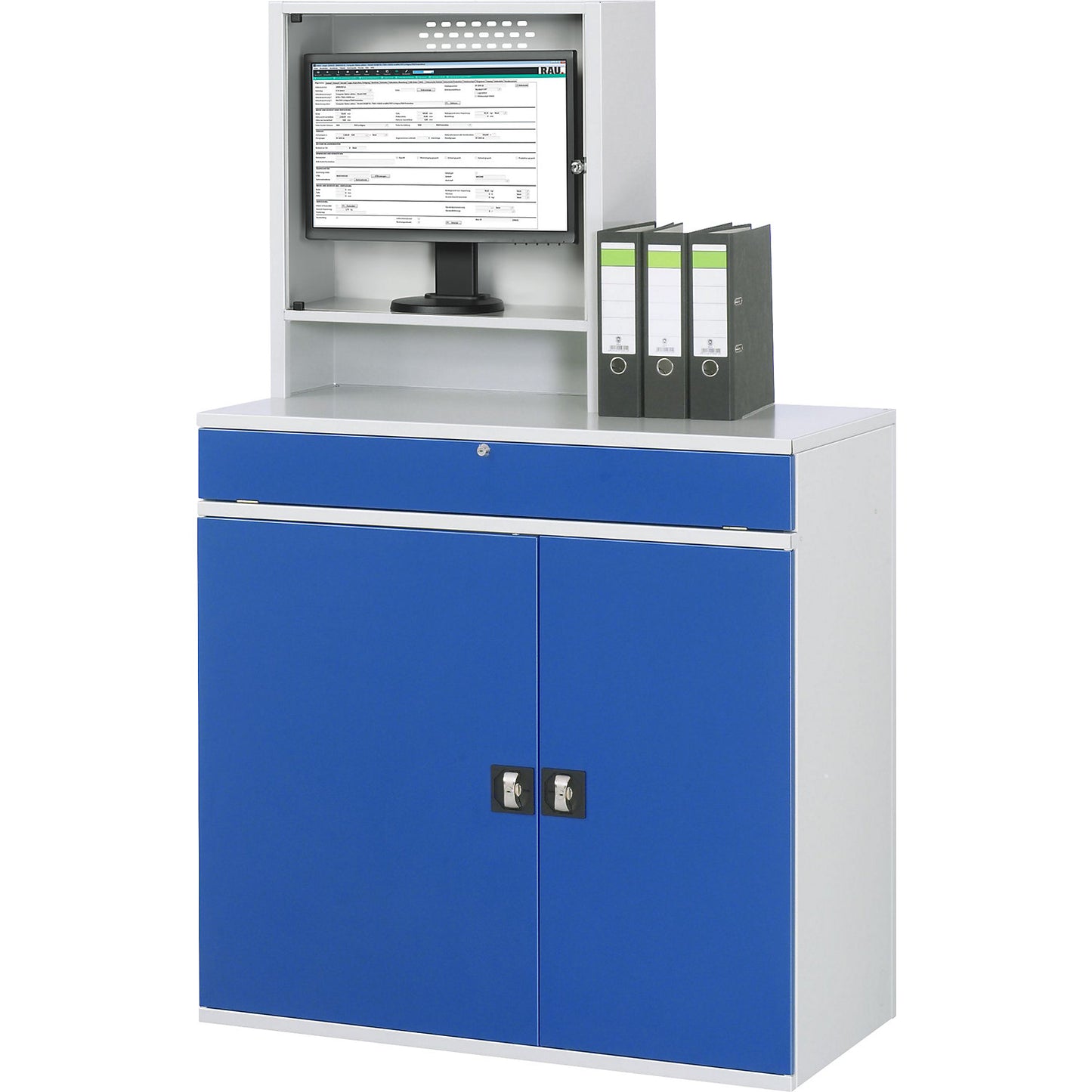 Computer workstation, monitor housing, 1 pull-out shelf, 2 drawers, width 1100 mm, light grey / gentian blue.