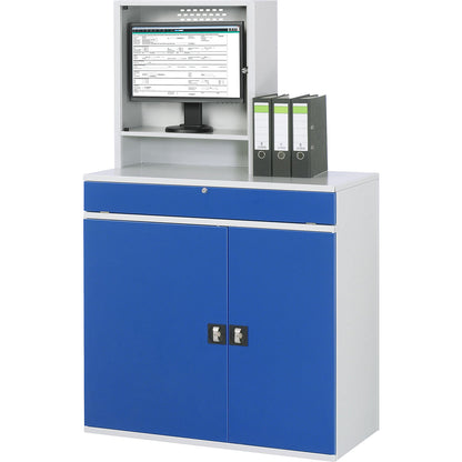 Computer workstation, monitor housing, 1 pull-out shelf, 2 drawers, width 1100 mm, light grey / gentian blue.