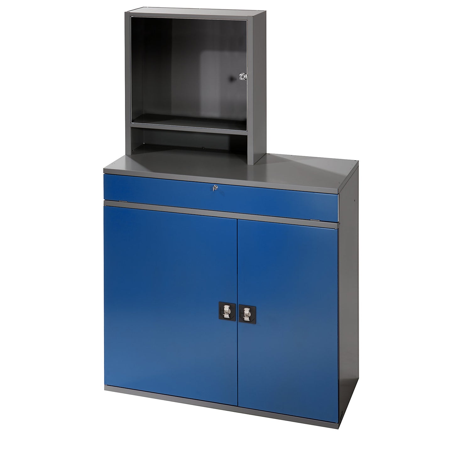 Computer workstation, monitor housing, 1 pull-out shelf, 2 drawers, width 1100 mm, charcoal / gentian blue.