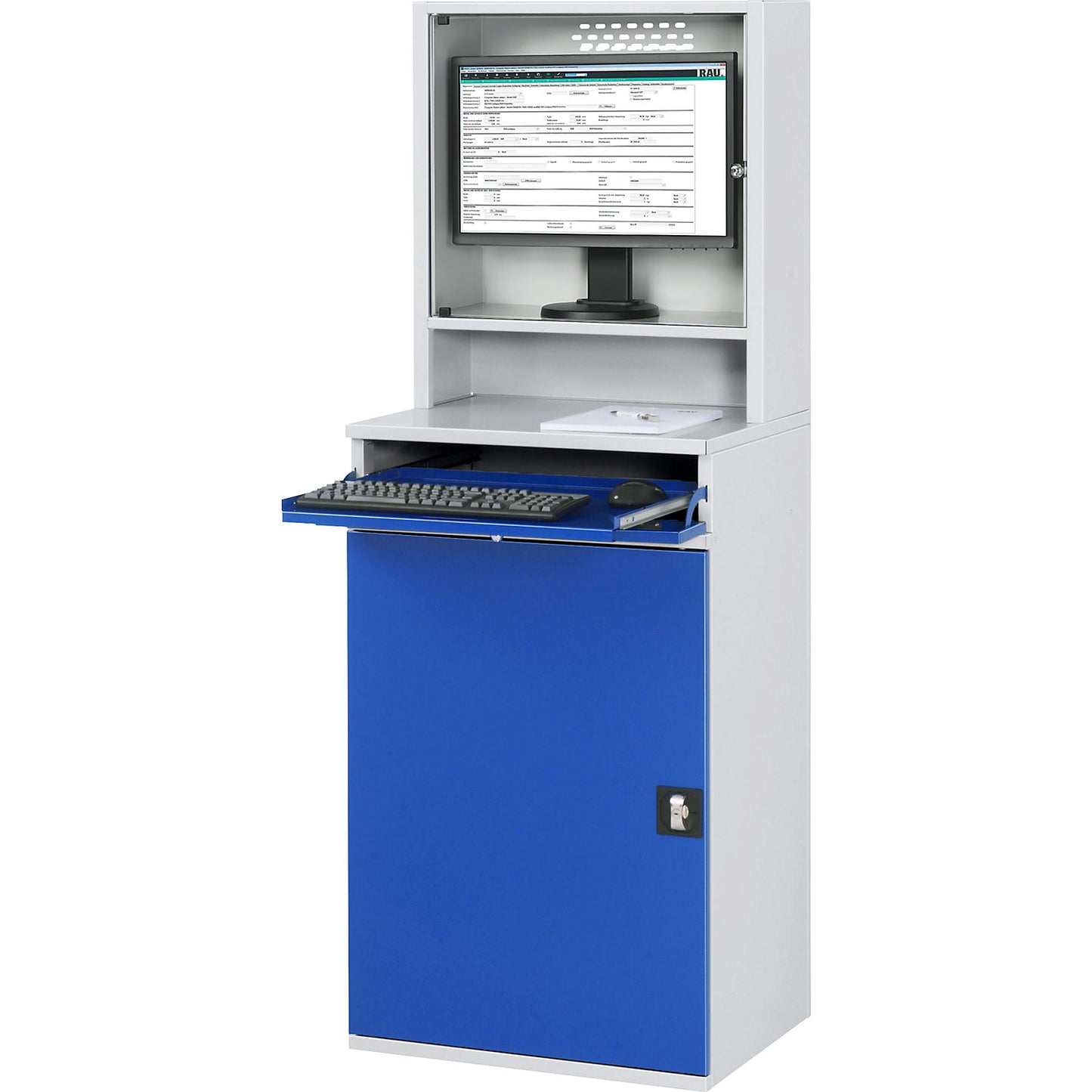 Computer workstation, monitor housing, 2 pull-out shelves, width 650 mm, light grey / gentian blue.