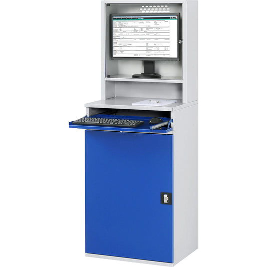 Computer workstation, monitor housing, 2 pull-out shelves, width 650 mm, light grey / gentian blue.
