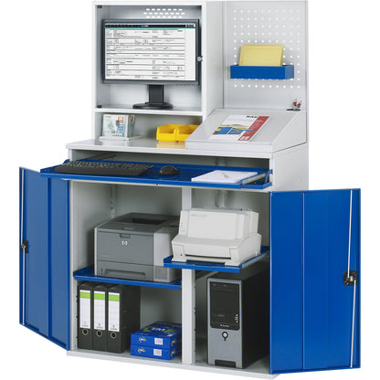 Computer workstation, monitor housing, 2 pull-out shelves, width 1100 mm, light grey / gentian blue.