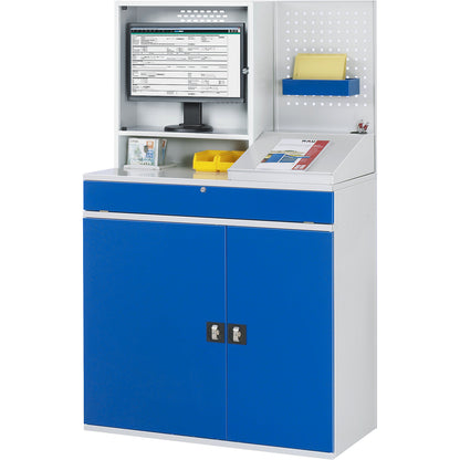 Computer workstation, monitor housing, 2 pull-out shelves, width 1100 mm, light grey / gentian blue.