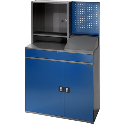 Computer workstation, monitor housing, 2 pull-out shelves, width 1100 mm, charcoal / gentian blue.