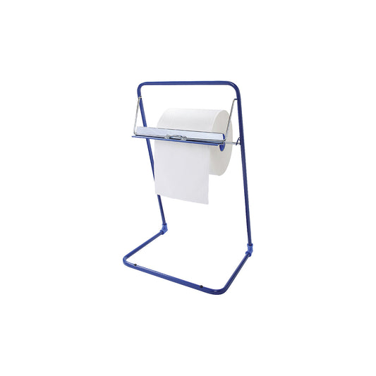 Floor stand for cleaning paper and wiping paper rolls, with tear-off rail, blue.