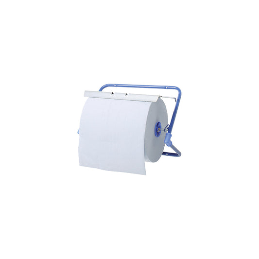 Wall dispenser for cleaning paper and wiping paper rolls, with tear-off rail, blue.