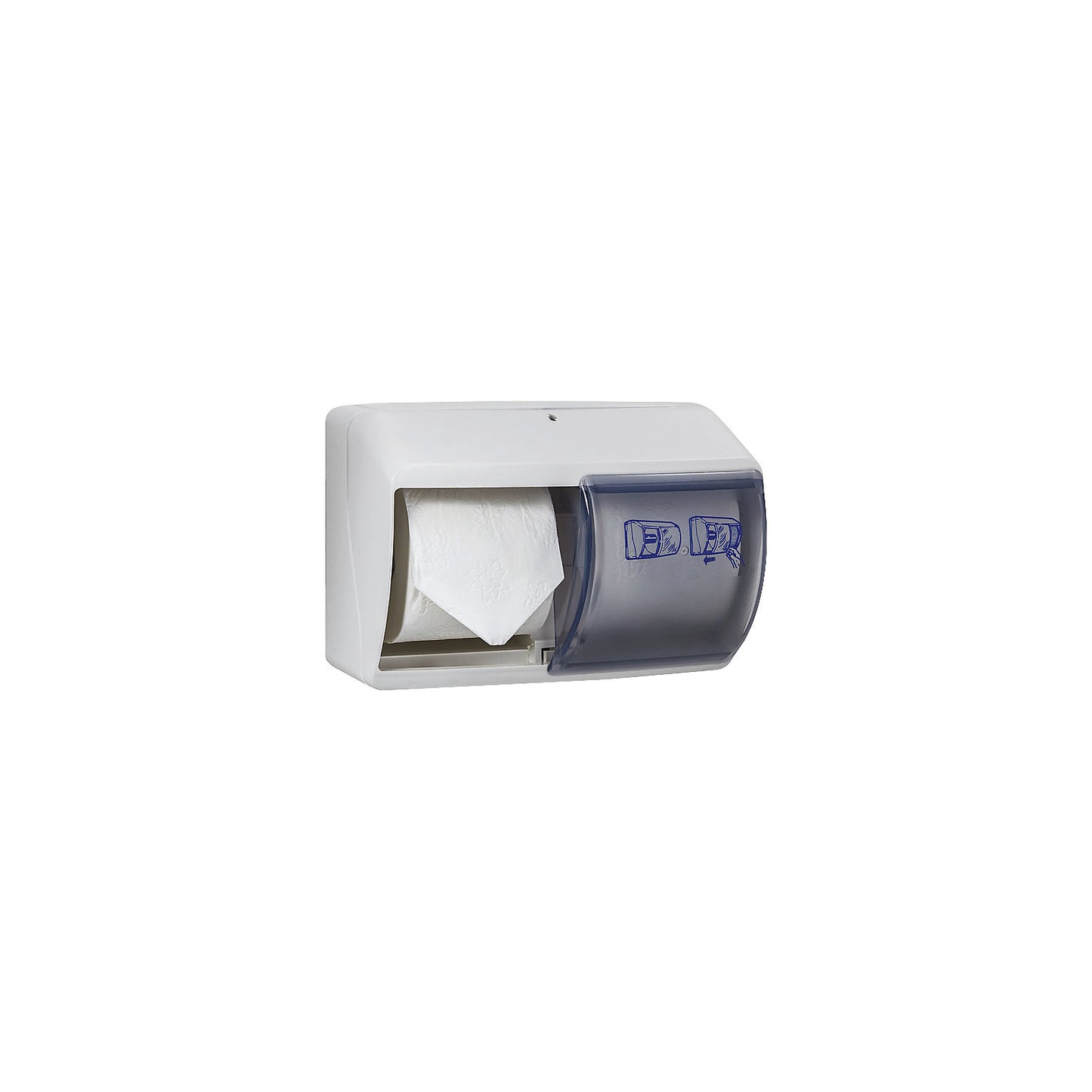 Toilet paper dispenser for 2 rolls, HxWxD 165 x 250 x 175 mm, white.