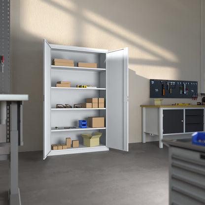 Double door cupboard, 4 shelves, width 1200 mm, light grey.