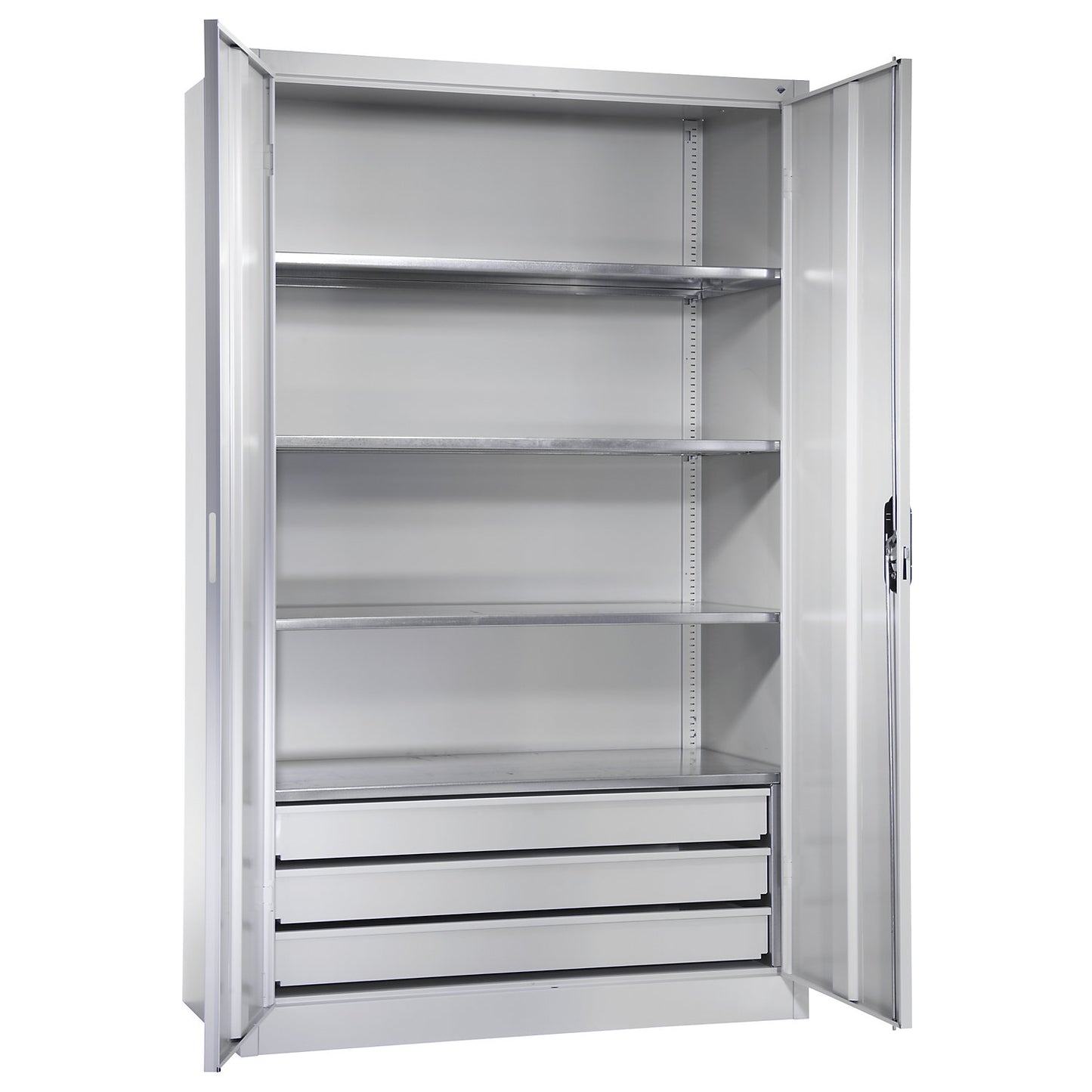 Large cupboard, extra high, HxW 1950 x 1200 mm, depth 600 mm, light grey doors.