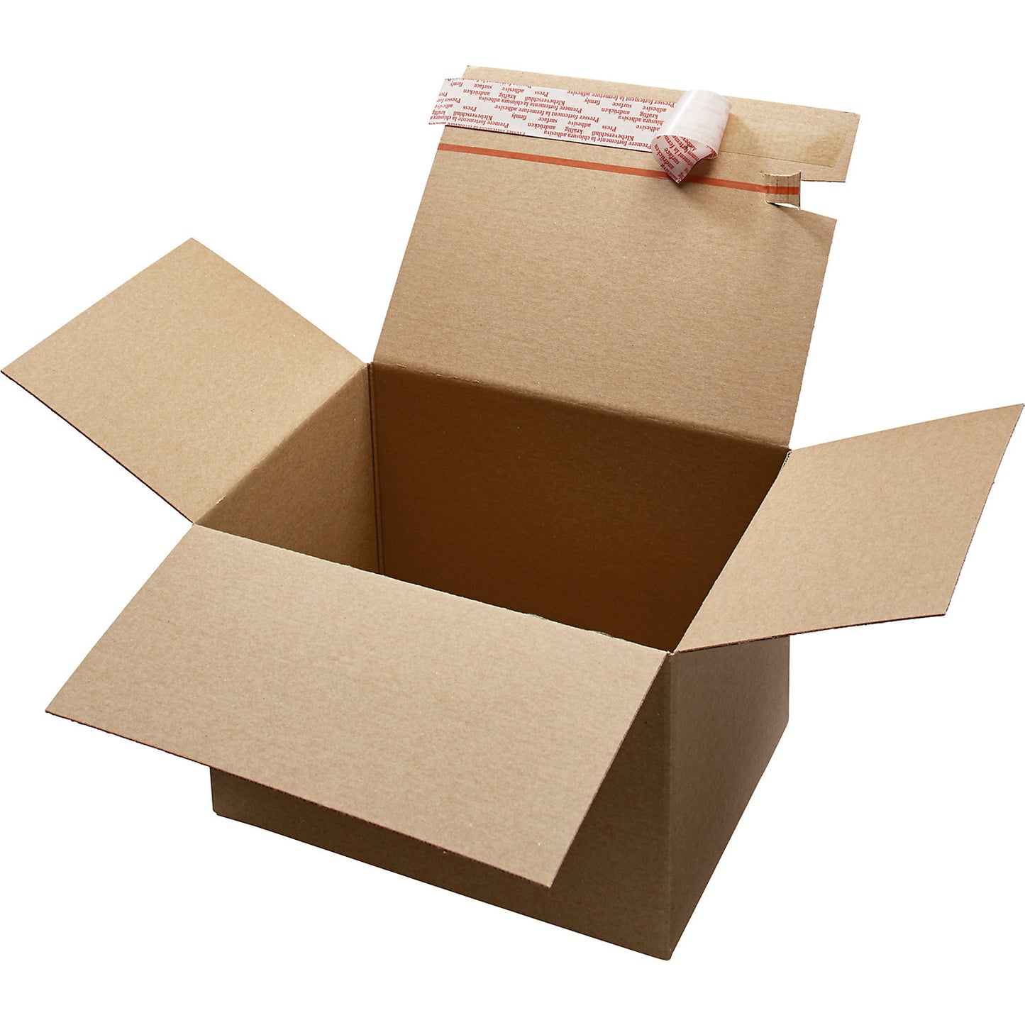 Self erecting cardboard box, self adhesive, internal LxWxH 390 x 290 x 250 mm, pack of 10.