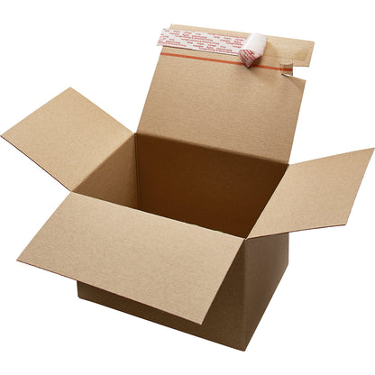 Self erecting cardboard box, self adhesive, internal LxWxH 390 x 290 x 250 mm, pack of 10.