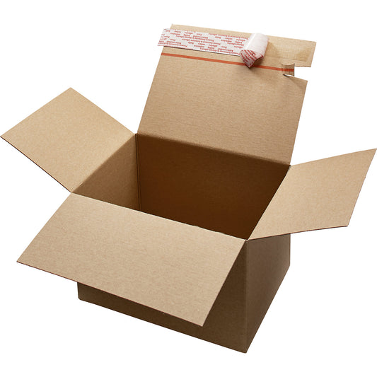 Self erecting cardboard box, self adhesive, internal LxWxH 390 x 290 x 250 mm, pack of 10.