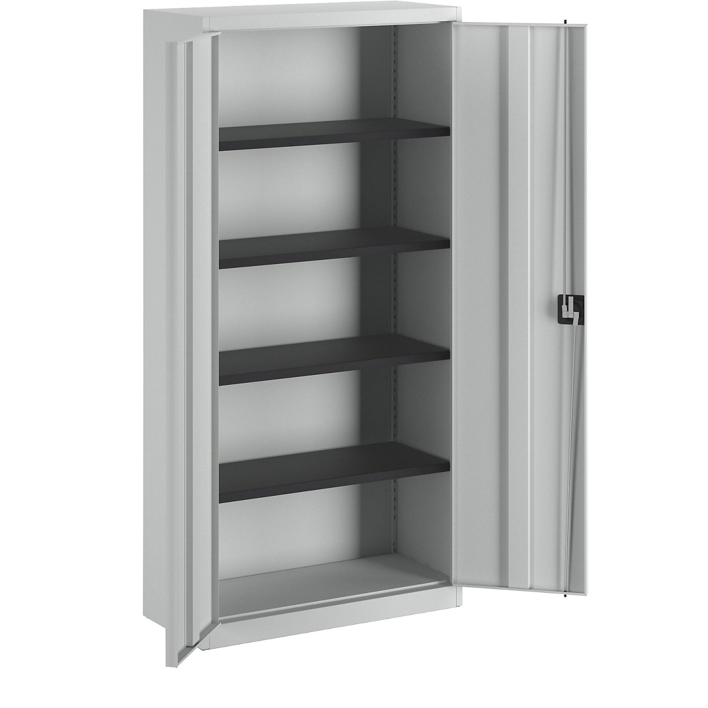 Steel cabinet with double doors, 4 shelves, D 420 mm, light grey.