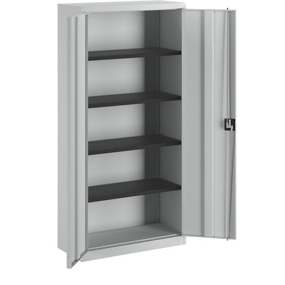 Steel cabinet with double doors, 4 shelves, D 420 mm, light grey.