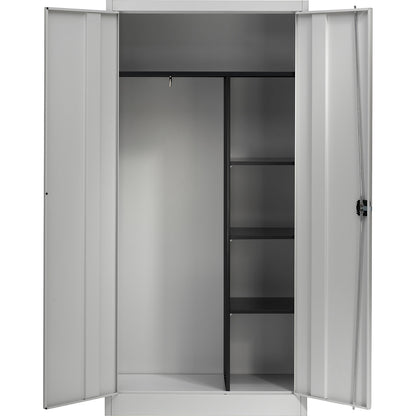 Steel cabinet with double doors, 3 short shelves and wardrobe, light grey.