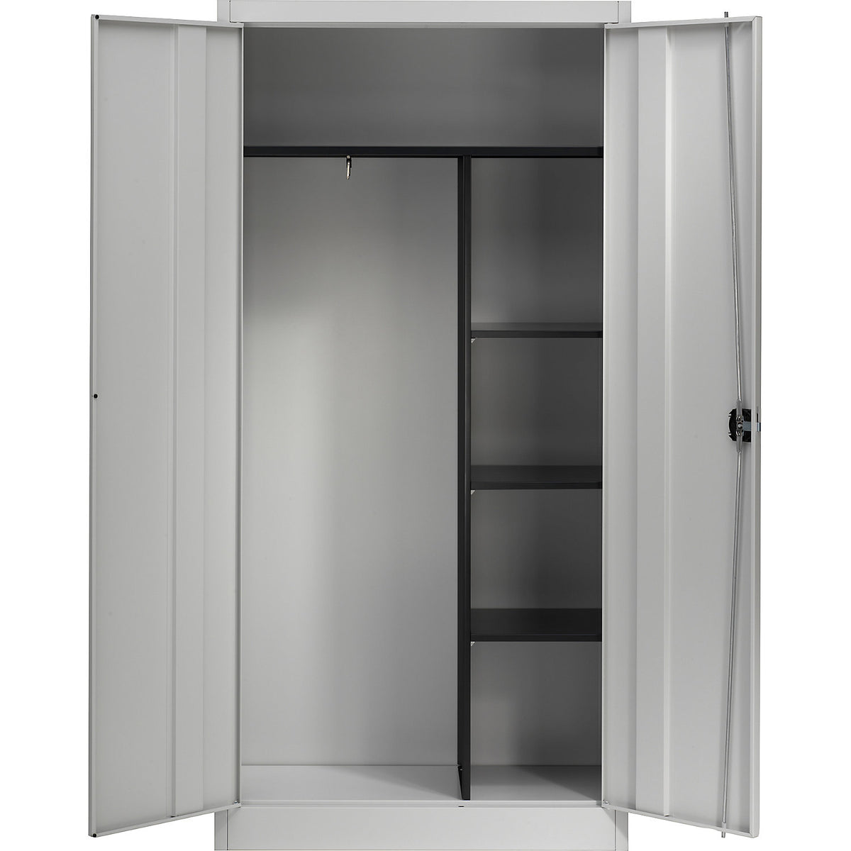 Steel cabinet with double doors, 3 short shelves and wardrobe, light grey.
